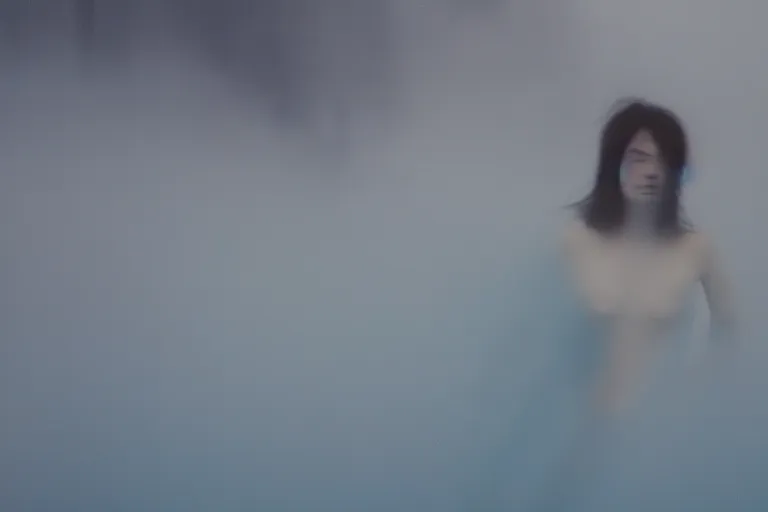 Prompt: film photography, blue theme, minimalism, close up woman lips running in the blue fog, low shutter speed, 35mm, motion blur