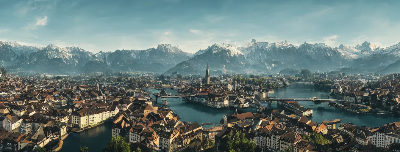 Image similar to Photo of Zurich, looking down the river at the lake and the alps, Hardturm, Grossmünster, wide angle, volumetric light, hyperdetailed, mountain water, artstation, cgsociety, 8k