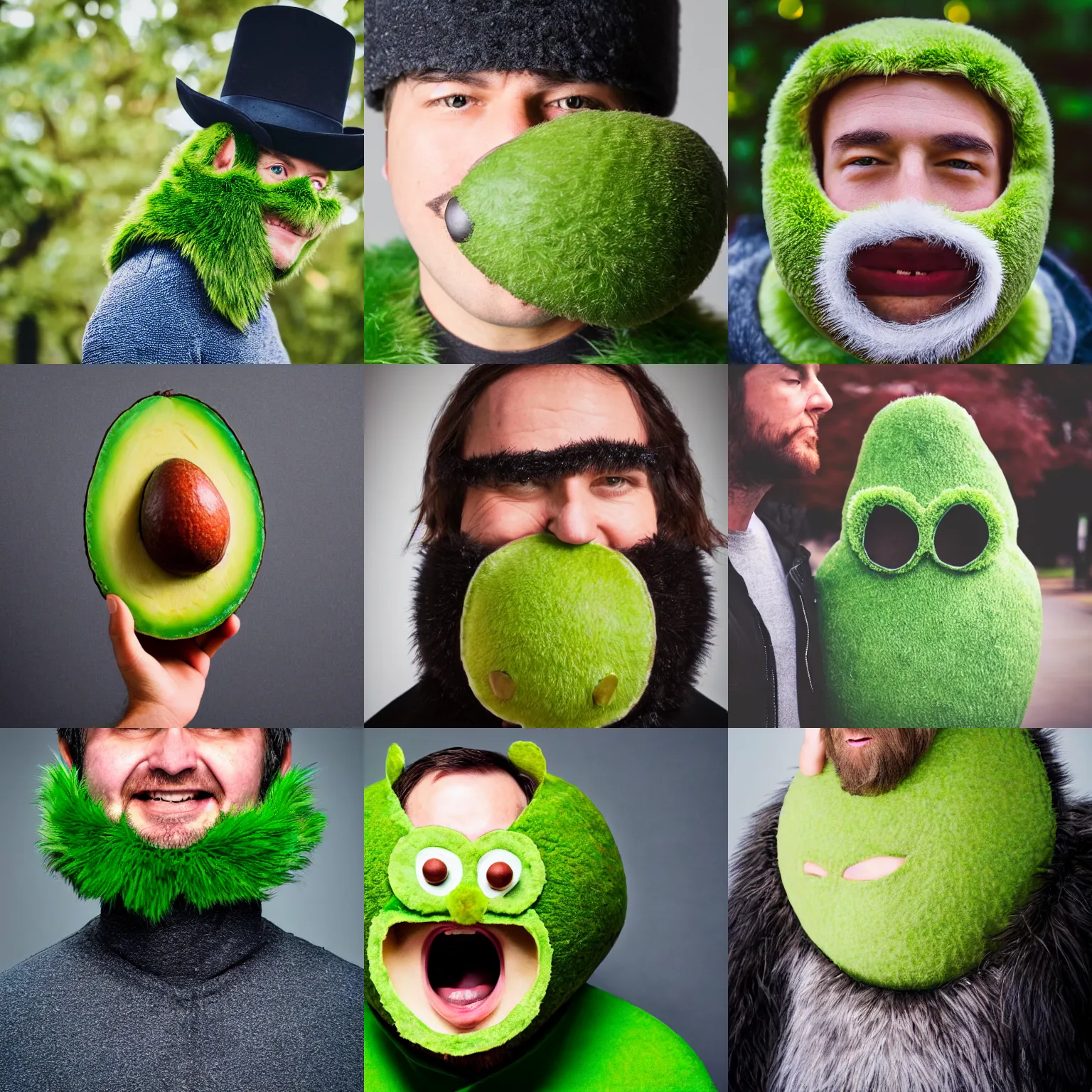 Image similar to a man in a furry avocado costume, portrait photography, close up, sigma 8 5 mm