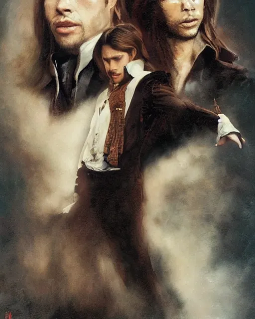 Prompt: alternate cover art for the movie interview with a vampire starring a long haired brunette brad pitt as louis de pointe du lac portrait, face centered, schmuck, regal, confident, unused design, night time, fog, colonial era street, volumetric lighting, realistic illustration, perfectly shaded, soft painting, art by krenz cushart and wenjun lin