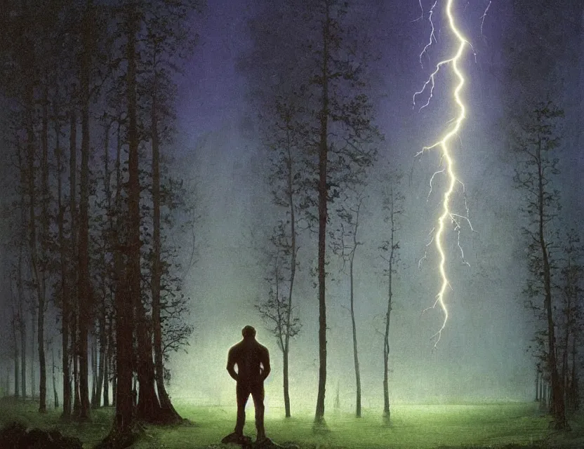 Image similar to a detailed portrait painting of a lone sasquatch with thick brown body fur. Head and chest only. Movie scene, cinematic sci-fi scene. accurate anatomy. portrait symmetrical and science fiction theme with lightning, aurora lighting. trees. Futurism by beksinski carl spitzweg moebius and tuomas korpi. intricate artwork by caravaggio. Oil painting. Trending on artstation. 8k