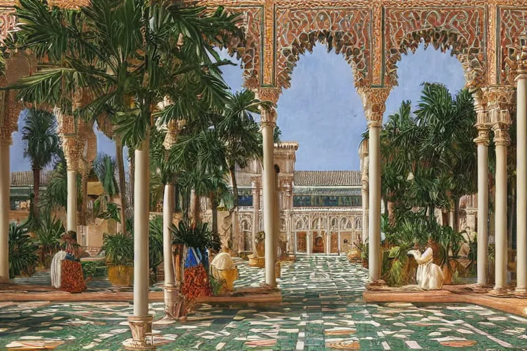 Image similar to painting of a beautiful moorish palace courtyard garden, by ludwig deutsch, patterned tilework, palm trees, tiled fountains, extremely detailed, cinematic lighting, smooth sharp focus