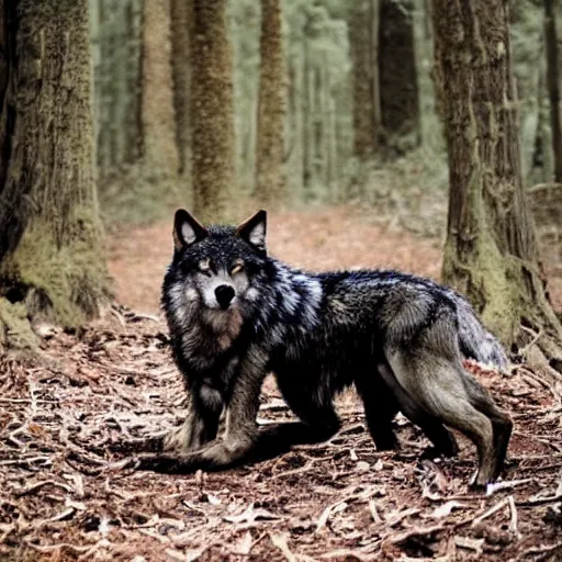 Image similar to werecreature consisting of a human and wolf, photograph captured in a forest