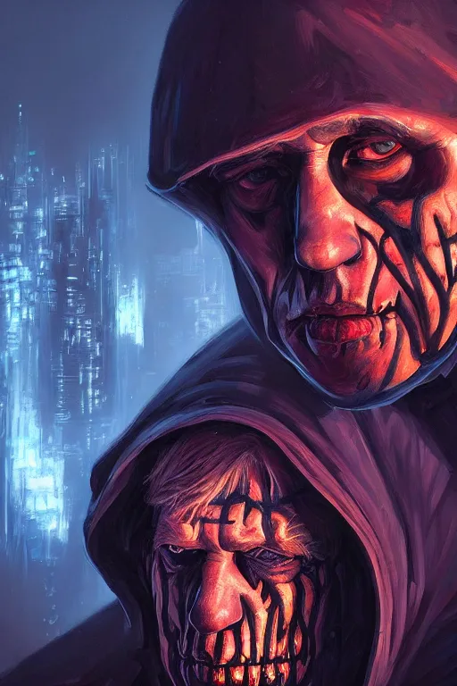 Prompt: Beautiful closeup portrait of the Boris Johnson as grim reaper, face portrait, atmospheric lighting, painted, intricate, volumetric lighting, beautiful, rich deep colors masterpiece, sharp focus, ultra detailed, in the style of Dan Mumford and marc simonetti, with a crowded futuristic cyberpunk city in the background, astrophotography