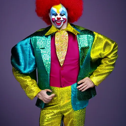 Image similar to uhd candid photo of disco stu wearing disco suit, intricate clown costume. photo by annie leibowitz