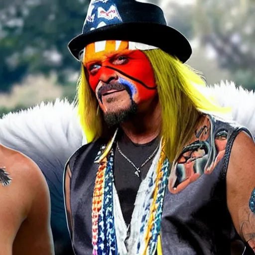 Prompt: Kid Rock wearing an eagle costume supplexing President Biden dressed like the Ultimate Warrior, trending on artstation, WWE world wrestling