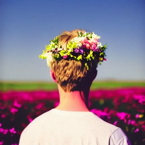 Prompt: kodak colorplus 2 0 0 photograph of a skinny blonde guy standing in a field of flowers, flower crown, back view, grain, moody lighting, telephoto, 9 0 s vibe, blurry background, vaporwave colors!, faded!,