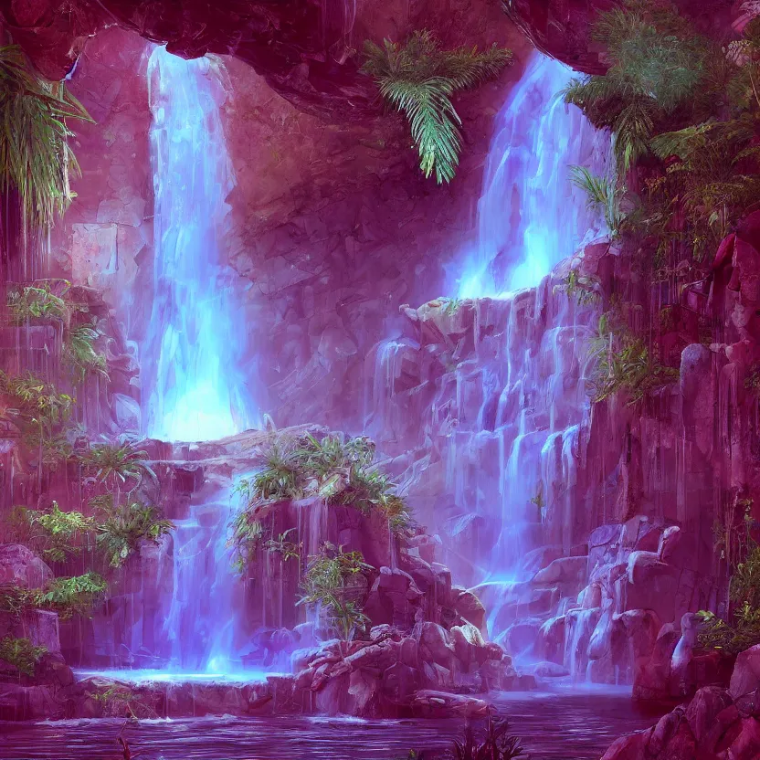 Image similar to a waterfall in the interior of a ancient arabian structure, epic retrowave art, trending on art station