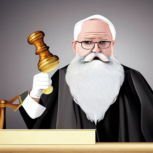 Prompt: a blad judge with bid white beard slams his gavel on the desk, illustration, realistic, 8 k, cinematic