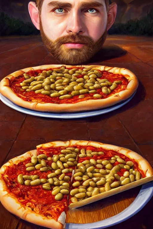 Image similar to a full body high detail fantasy portrait oil painting illustration of baked beans and pizza by justin sweet with face and body clearly visible, in a scenic background, pretty eyes, realistic proportions, d & d, rpg, forgotten realms, artstation trending, high quality, sombre mood, artstation trending, muted colours, entire person visible!