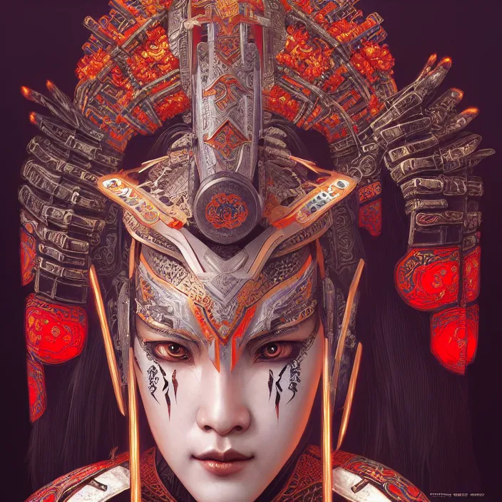 Prompt: symmetry! portrait of a hybrid angry warrior, face decorated with chinese opera motifs, leds horizon zero dawn machine, intricate, elegant, highly detailed, digital painting, artstation, concept art, smooth, sharp focus, illustration, art by artgerm and greg rutkowski and alphonse mucha, 8 k