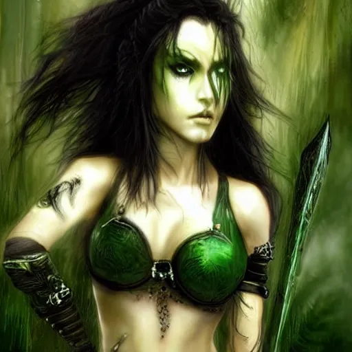 Image similar to female warrior, black hair, gorgeous green eyes, cinematic, by luis royo