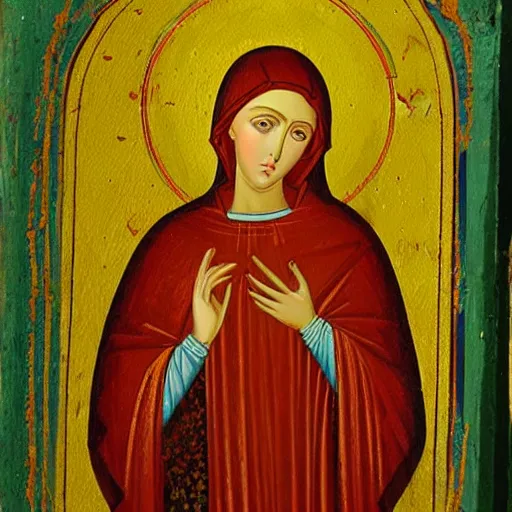 Prompt: Byzantine painting of the Virgin Mary, high quality, hughly detailed, Romanticism, vivid, coherent, medieval, Byzantine, 8k