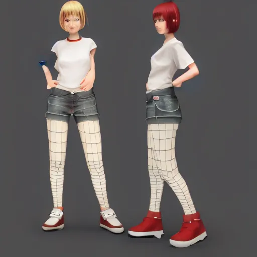 Prompt: Full body 3D rendering of a cute cartoon female character, she has short hair and wear boyish outfit, video game art, trending on artstation