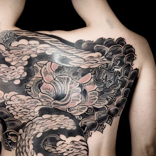 Image similar to photography of the back of a woman with a black detailed irezumi tatto representing a big gold tiger with pink flowers on her entire back, dark hangar background, mid-shot, editorial photography