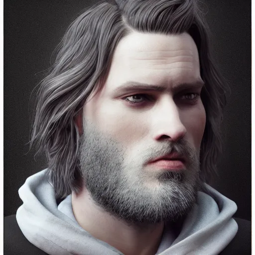 Image similar to a highly detailed portrait of a man without a beard, purple eyes, light gray long hair, wearing a black cloak, artstation, DeviantArt, professional, octane render