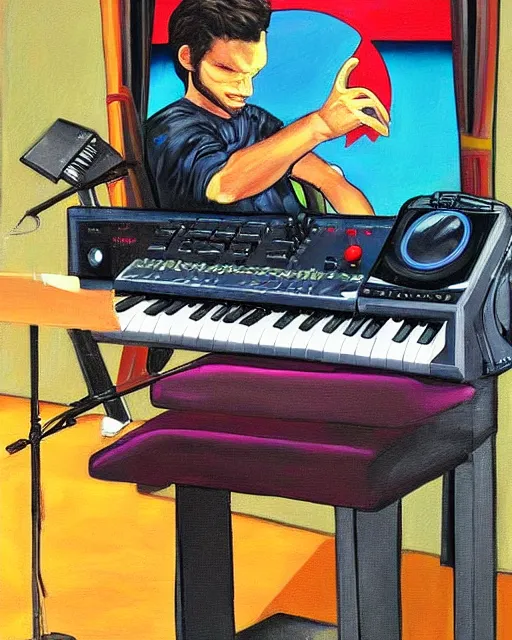 Prompt: cyclops (from x-men) finger drumming on an Akai MPC 2000XL, painting by Toni Toscani, oil on canvas