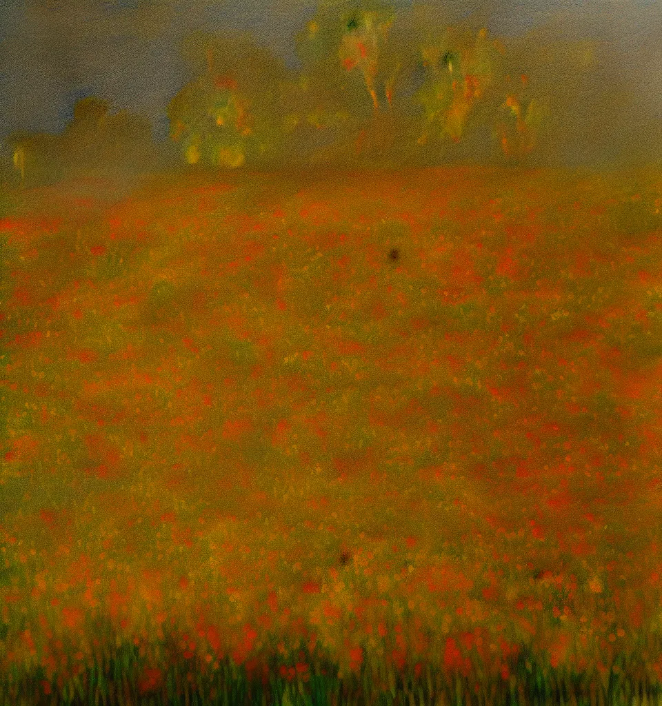 Prompt: an oil painting in the style of DaVinci of a flower field