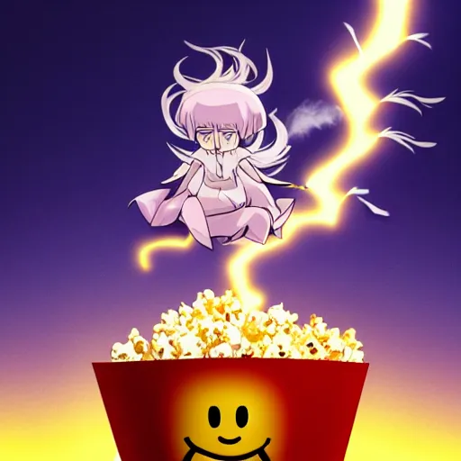 Image similar to fluffy popcorn hit by lightning, elemental spirit, in the style of a manga character, with a smiling face and flames for hair, sitting on a lotus flower, white background, simple, clean composition, symmetrical