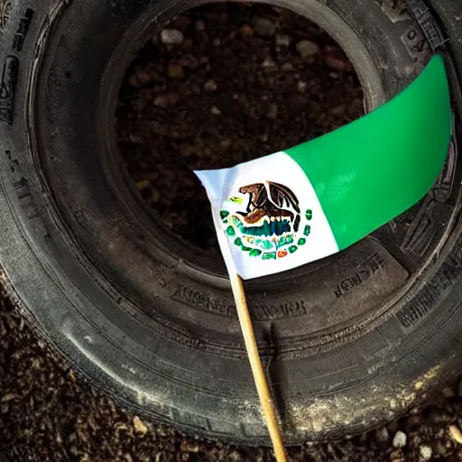 Prompt: a tire with the Mexican flag printed on it, National Geographic photo, coherent like Dall-E 2