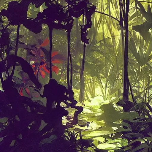 Prompt: beautiful jungle, dappled light, intricate, elegant, highly detailed, greg manchess, mucha, liepke, ruan jia, jeffrey catherine jones, ridley scott