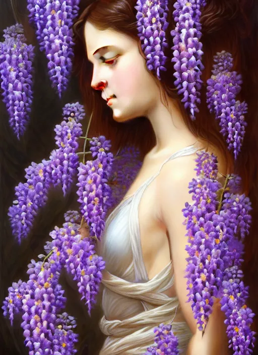 Image similar to perfectly detailed wisteria flowers!! blessed by nature with ever - increasing physical mental perfection, symmetrical! intricate, sensual features, highly detailed, biblical divine holy perfection!! digital painting, artstation, concept art, smooth, sharp focus, illustration, art by artgerm and greg rutkowski and alphonse mucha