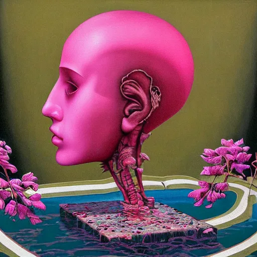 Image similar to award winning masterpiece with incredible details, a surreal vaporwave vaporwave vaporwave vaporwave vaporwave painting by MC Escher of an old pink mannequin head with flowers growing out, sinking underwater, highly detailed