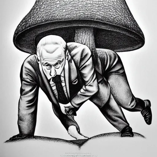 Image similar to vladimir putin flatulating a nuclear mushroom cloud from his rear, cartoonish, ultra detailed pencil art