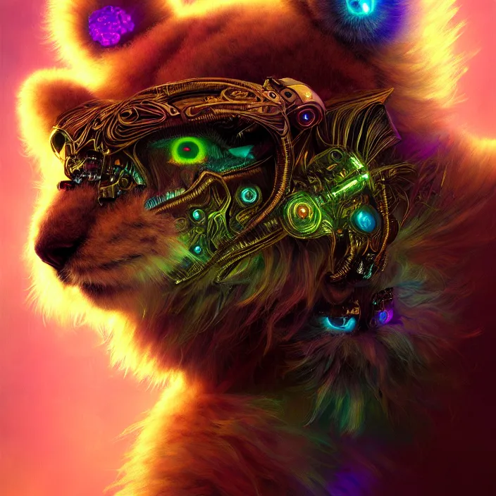 Image similar to psychedelic fluffy furry animal cyborg, diffuse lighting, fantasy, intricate, elegant, highly detailed, lifelike, photorealistic, digital painting, artstation, illustration, concept art, smooth, sharp focus, art by John Collier and Albert Aublet and Krenz Cushart and Artem Demura and Alphonse Mucha