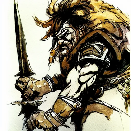 Prompt: Dwarf Barbarian, drawn by Yoji Shinkawa, water color, Dungeons and Dragons, Wizards of the Coast