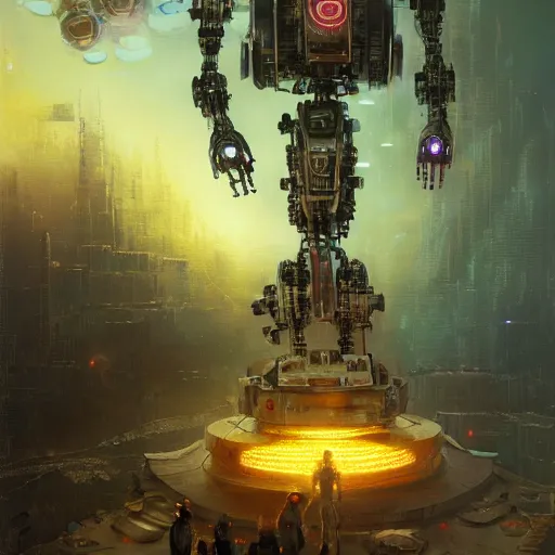 Prompt: a robot, mechanical, intrincate, cinematic lights, wires, volumetric, maximalist, fractal background, mechanical sci fi, horror, the end of the world, devotional, god, etheral, maximalist, cgscociety by marc simonetti and peter mohrbacher