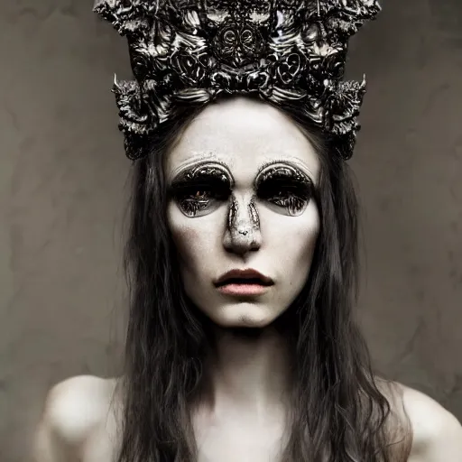 Image similar to a portrait of female model by stefan geselle and nekro borja, photorealistic, intricate details, hyper realistic, dark fantasy, ornate headpiece, photorealistic, canon r 3, photography, wide shot, photography