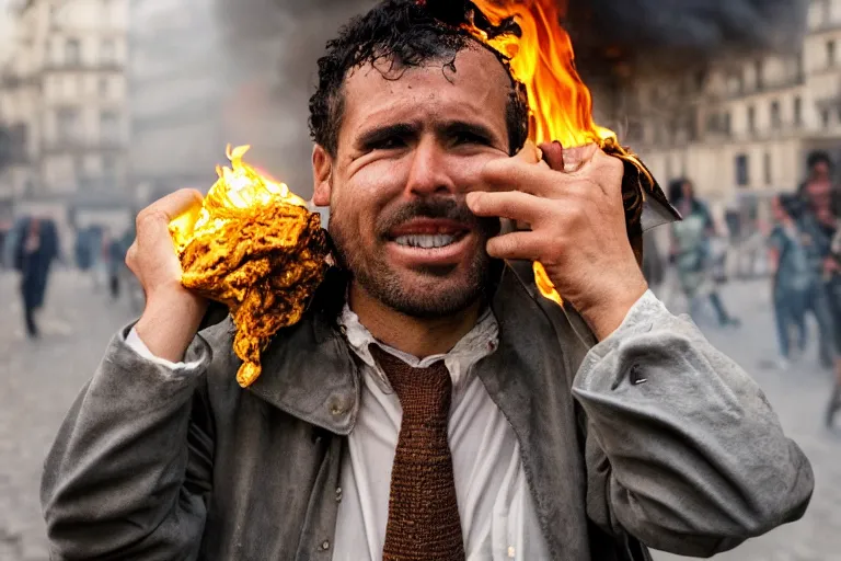 Prompt: closeup potrait of a man carrying molten cheese over his head during a fire in Paris, photograph, natural light, sharp, detailed face, magazine, press, photo, Steve McCurry, David Lazar, Canon, Nikon, focus