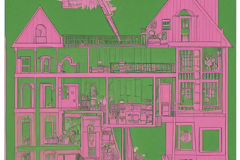 Prompt: a pink and green illustration of a cross section of a house, a storybook illustration by muti and tim biskup, featured on dribble, arts and crafts movement, behance hd, storybook illustration, dynamic composition