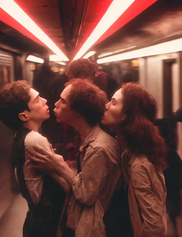 Image similar to couple of boy and girl kiss in a subway underground, radiates strong aura red light, wide angle coloured polaroid photograph with flash, kodak film stock, hyper real, stunning moody cinematography, with anamorphic lenses, by maripol, by jim jarmusch, by wong kar - wai, suspiria, detailed