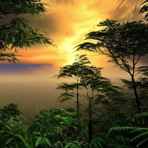 Prompt: a beautiful!!!!!!!!!!! sunset over a cloudy rainforest, photorealistic, 4k