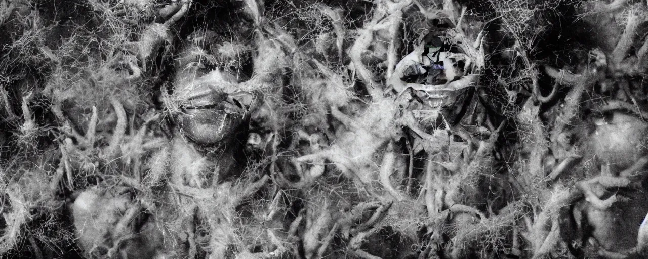 Prompt: mysterious scene of tyrolean farmer transforming into hay man with horns, smiling, roots and edelweiss growing out of the body 35mm double-exposure photo, deep shadows, german expressionism, noir, slightly colorful, photorealistic, detailed smoke, natural bones and skin, natural textures, depth of field, ambient occlusion, motion blur, HD, masterpiece, volumetric, chromatic aberration by Richard Avedon, style of Ade Santora, perfect composition, masterpiece, intricate detailed