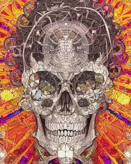 Image similar to anime manga skull art surrounded by varities of superhot chili peppers, cell shading, voronoi, fibonacci sequence, sacred geometry by Alphonse Mucha, Moebius, hiroshi yoshida, Art Nouveau, colorful, ultradetailed, vivid colour, 3d