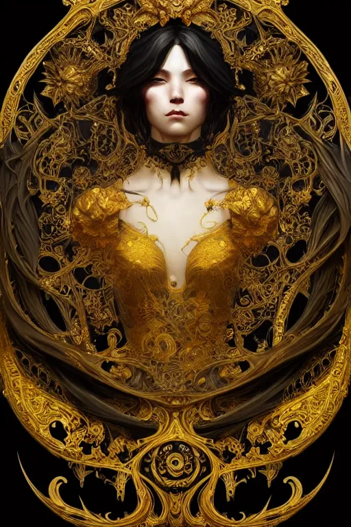 Prompt: beautiful black yellow, complicated gold baroque style decoration, dark fantasy, intricate, elegant, highly detailed, digital painting, artstation, concept art, matte, sharp focus, illustration, octane rendered, art by artgerm and alphonse mucha, leesha hannigan, ross tran