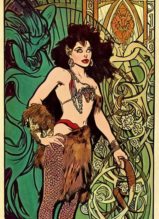 Image similar to a beautiful young woman. she is a barbarian, dressed in fur and chain mail. well composed, clean elegant painting, beautiful detailed face. retro comic book art by steve ditko and jack kirby and ( alphonse mucha )