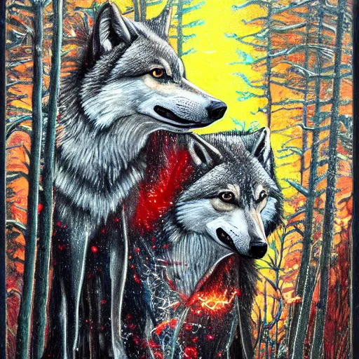 Prompt: bated breath, two wolves snarling, red sparkling cinders, smoke covers the sun