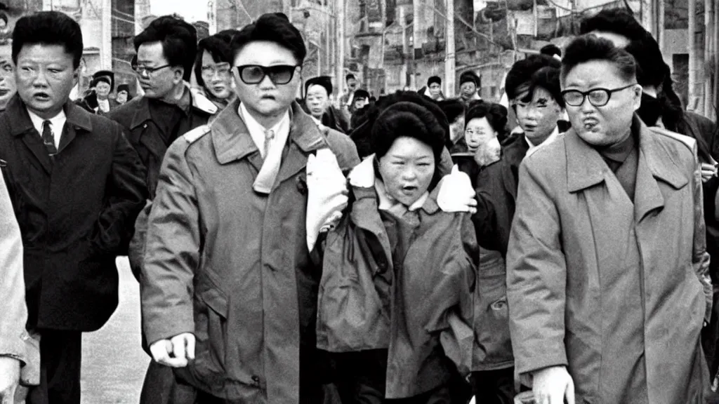 Image similar to kim jong - il walking in 1 9 6 0 s pyongyang, film noir thriller in the style of orson welles and andrei tarkovski