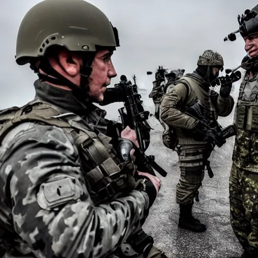 Image similar to Special Forces in grey uniform fighting in Ukraine 2022, photo by Adam Ferguson, Pulitzer Winning, cinematic composition, breathtaking, modern, 2022