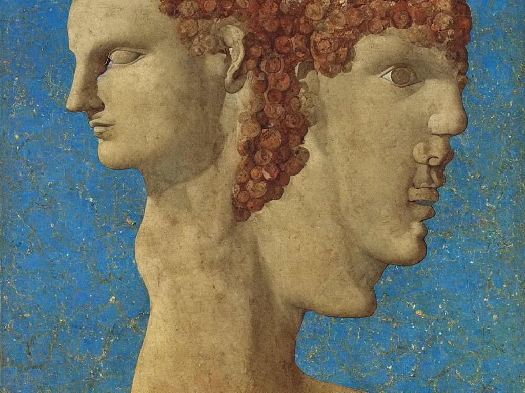 Image similar to marble greek sculpture head of a tree god with inlaid crystal eye. lapis - lazuli, turquoise, malachite, cinnabar, earth brown. painting by piero della francesca, balthus, agnes pelton