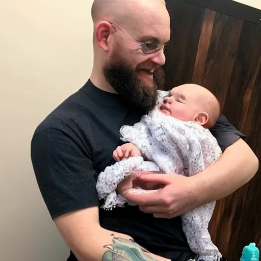 Image similar to a photo of a white man with a mid fade haircut and level 1 clipper beard that is happy with his 3 month year old baby boy.