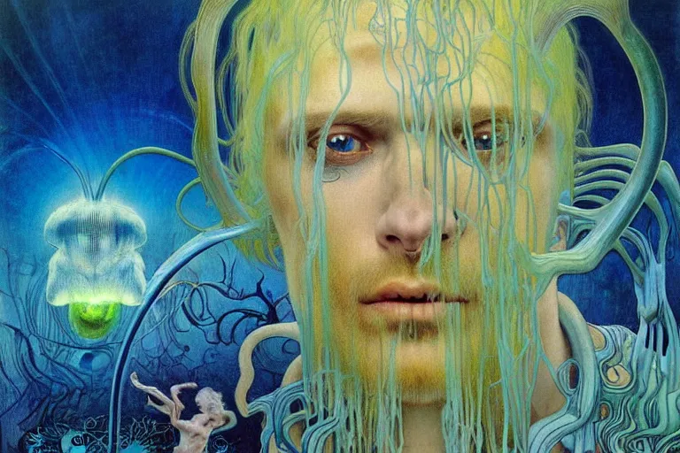 Image similar to realistic detailed portrait painting of a beautiful ghost man with blond hair with an alien, futuristic sci-fi forest on background by Jean Delville, Amano, Yves Tanguy, Alphonse Mucha, Ernst Haeckel, Edward Robert Hughes, Roger Dean, rich moody colours, blue eyes