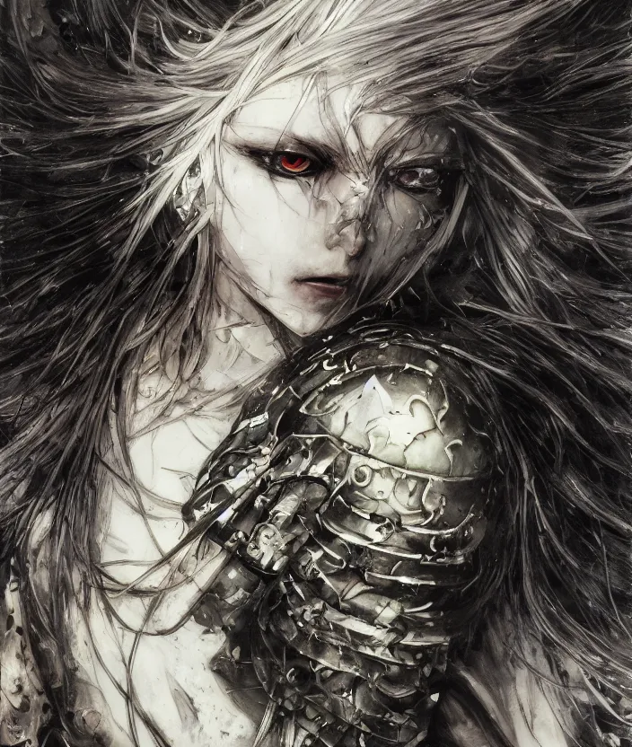 Image similar to Yoshitaka Amano realistic illustration of an anime girl with wavy white hair and cracks on her face wearing dark souls armour with the cape fluttering in the wind, abstract black and white patterns on the background, noisy film grain effect, highly detailed, Renaissance oil painting, weird portrait angle