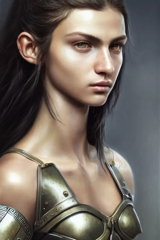 Prompt: a photorealistic painted portrait of an attractive young girl, partially clothed in metal-plated battle armor, olive skin, long dark hair, flawless skin, beautiful bone structure, symmetric facial features, perfect photorealistic eyes, natural physique, intricate, elegant, digital painting, concept art, finely detailed, beautifully illustrated, sharp focus, minimal artifacts, from Metal Gear, by Ruan Jia and Mandy Jurgens and Artgerm and William-Adolphe Bouguerea, in the style of Greg Rutkowski, trending on Artstation, award winning art