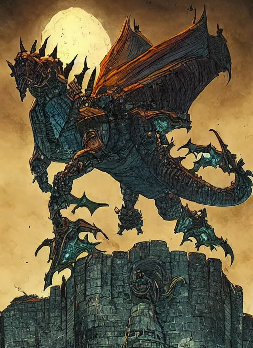 Prompt: intricate fantasy comic book drawing of a giant mechanical dragon over a stronghold castle by dariusz zawadski and simon stalenhag, simon bisley, jack kirby and gris grimly, cinematic, epic, awesome color palette