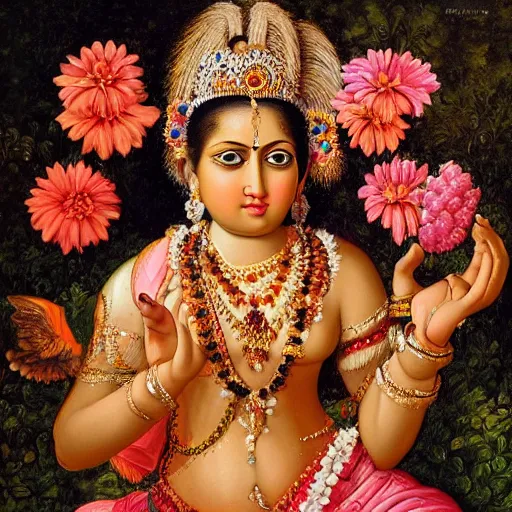 Prompt: Baroque portrait of a Indian goddess surrounded by flowers. Highly detailed, anatomically correct, dramatic lighting, fashion, oil on canvas